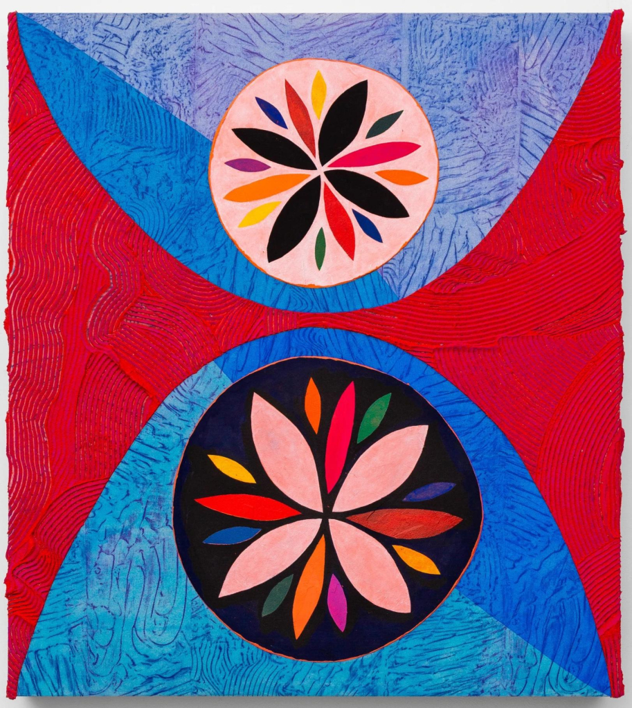 Abstract mixed media composition with two large circles decorated with colorful floral leaves inside, placed within two blue arches over a red background.