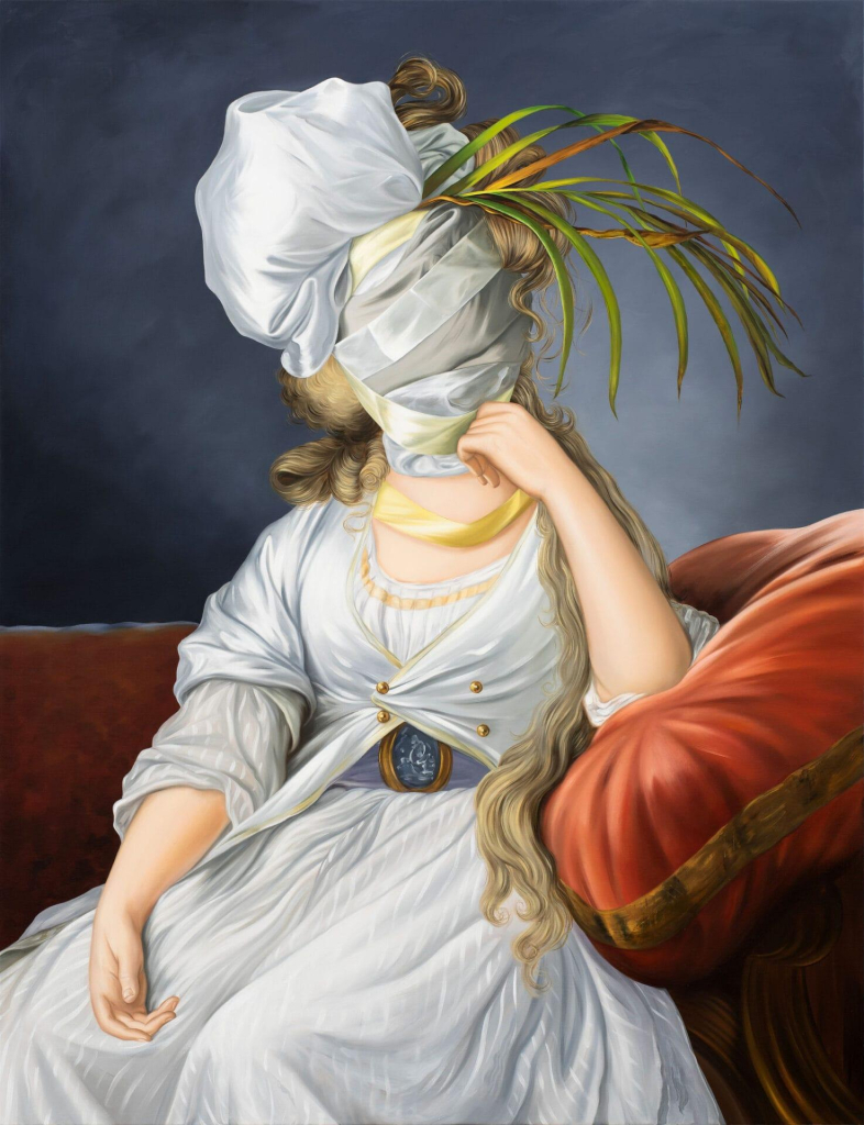 Classical style painting of a white woman in a white gown, sitting on a plush red chair with her hand up to her chin, against a grey-blue background. Her head and face are completely covered by white fabric, with sprigs of long green grass bursting out.