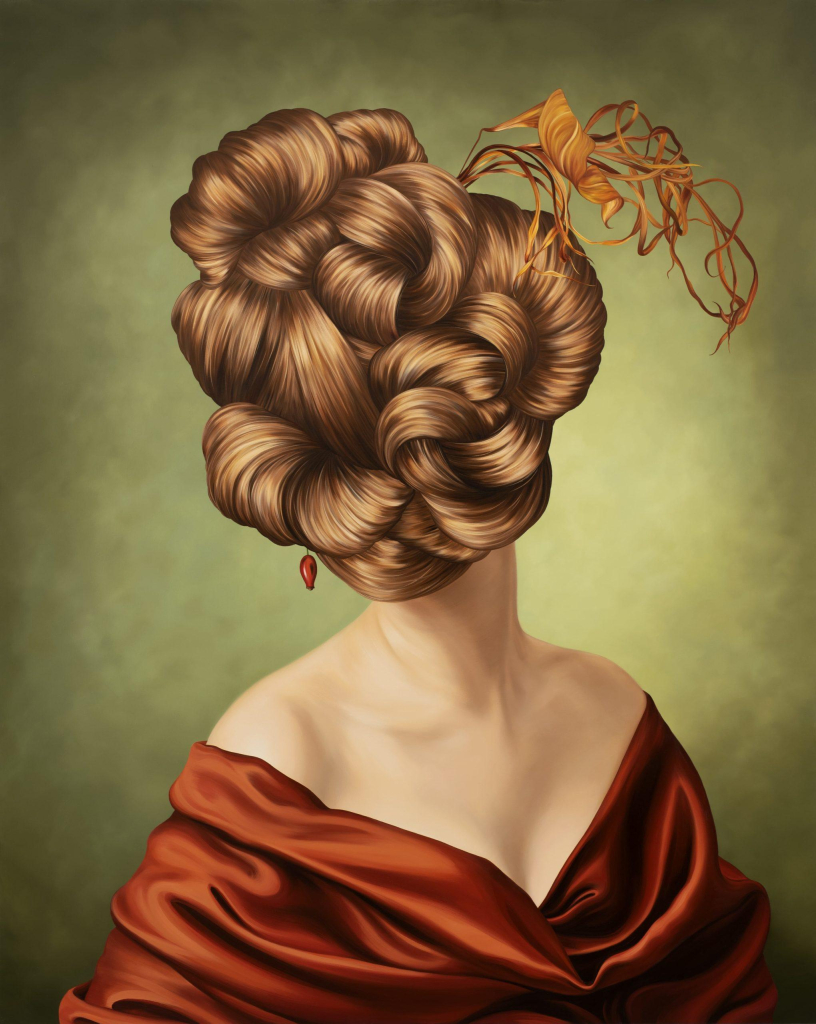 Classical style painting of a white woman in deep-cut red-orange gown, against a green background. Her head and face are completely covered by coils of light brown hair topped by curling orange sprigs.