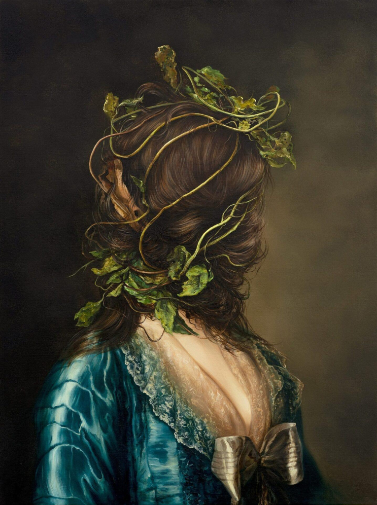 Classical style painting of a white woman in teal gown with a large bow on the chest, against a dark stormy background. Her head and face are completely covered by bushy brown hair wrapped in green leafy vines.