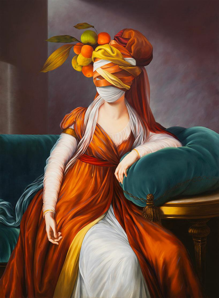 Classical style painting of a white woman in rust-orange gown, sitting on a plush teal chair resting her arm on a pillow, against a grey background. Her head and face are completely covered by white and orange fabrics, topped with a cluster of lemons and apples.