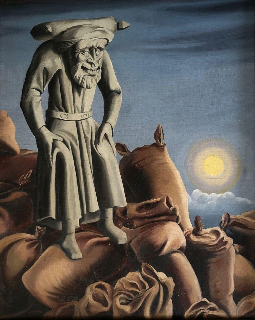 Painting of a stone goblin man with a beard and robe, leaning with his hands on his thighs, standing atop a large pile of brown sacks. A yellow orb hangs low in the grey-blue sky behind him.