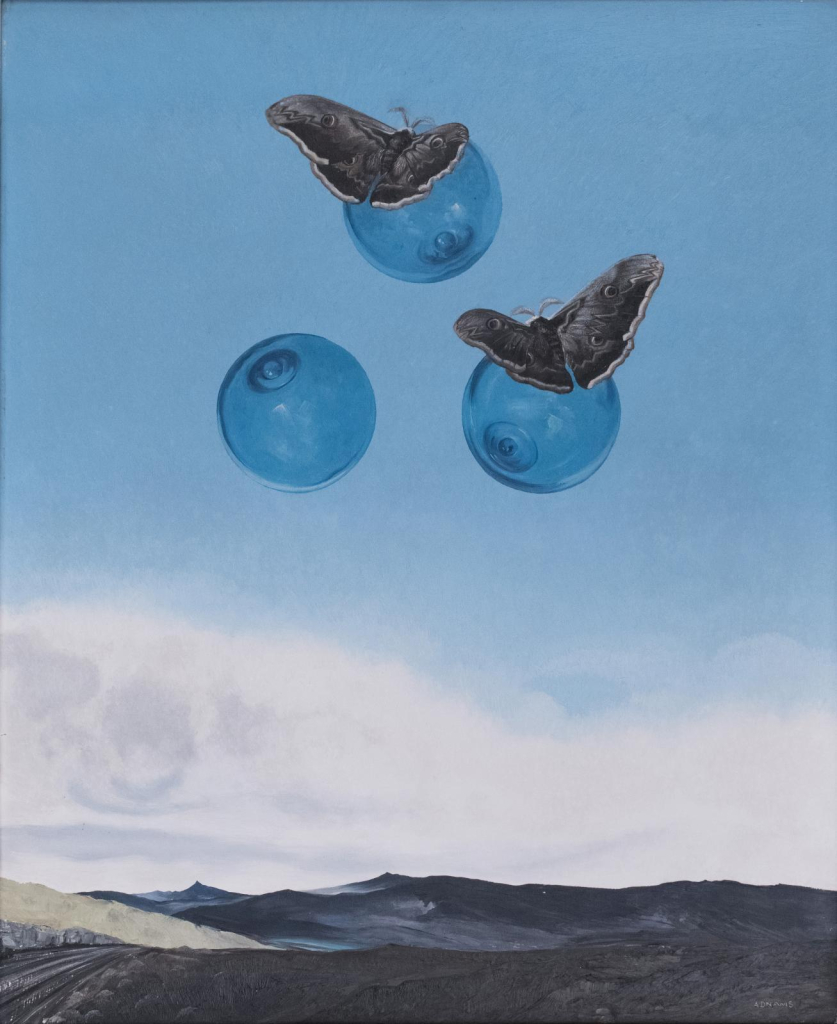 Painting of three large blueberries floating above a grey hilly landscape with a clear sky, with two gray butterflies/moths perched on two blueberries.