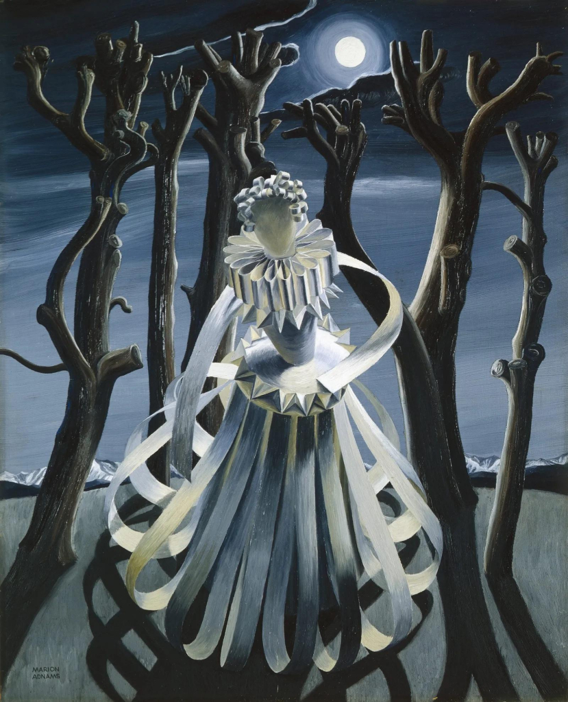 Painting of a figure made out of strips of white paper arranged in a large-skirted dress with a circular collar, standing in a grove of brown-grey bare trees whose branches resemble hands, with a moon shining down from above.