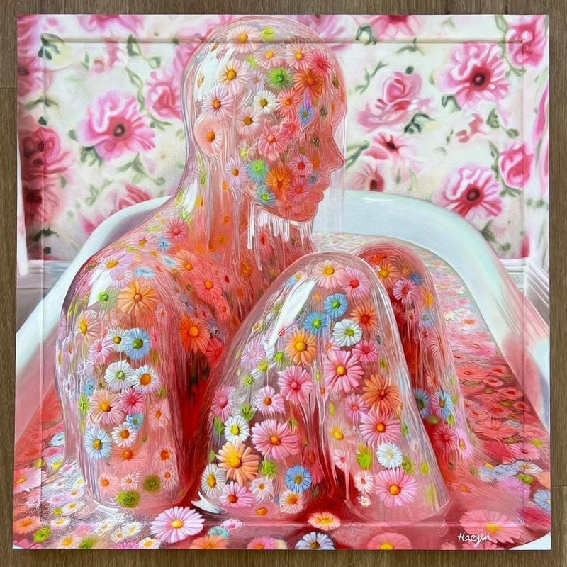 Painting in a realistic style of a figure sitting hunched over in a bath seen in profile, against a pink and white floral wallpaper, their face and body covered in flowers and dripping water resembling pink cellophane, and the water is filled with floating flowers.