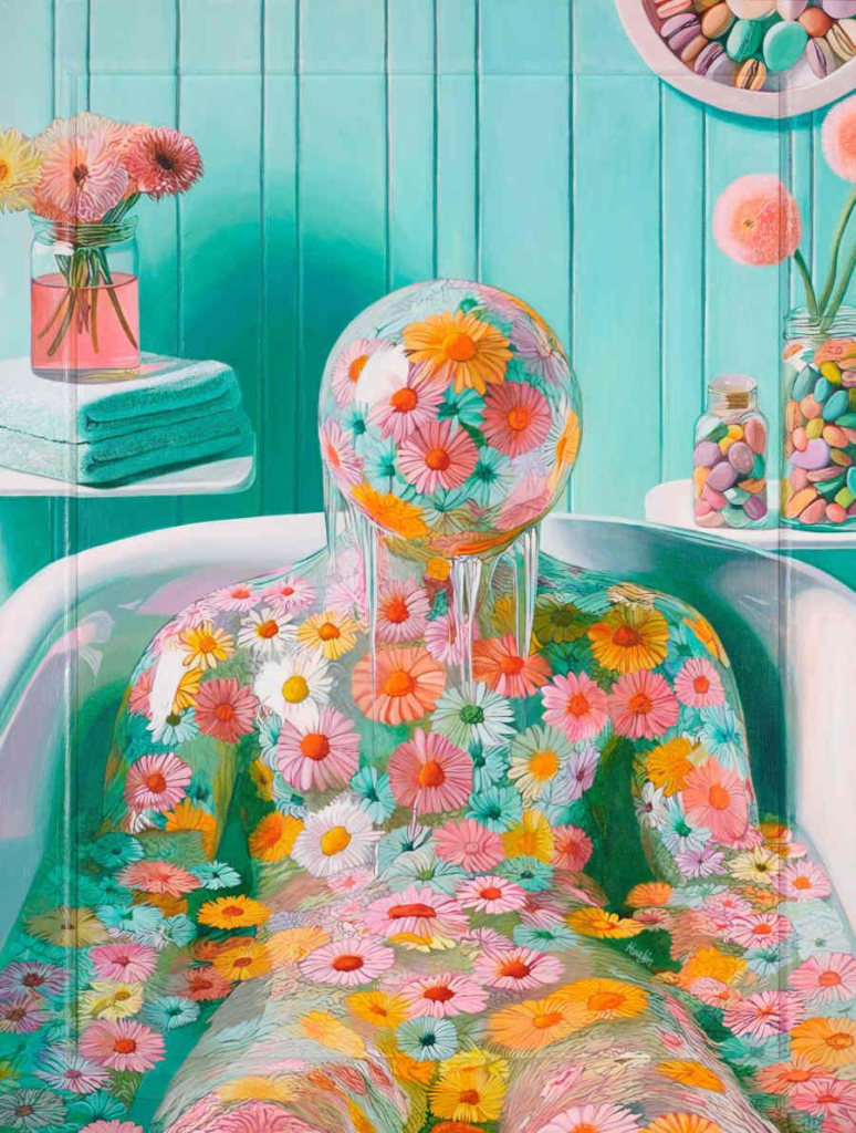 Painting in a realistic style of a figure sitting in a bath against a mint green wall, their face and body covered in flowers, their head a round ball of layered blooms dripping water, and the water is filled with floating flowers.