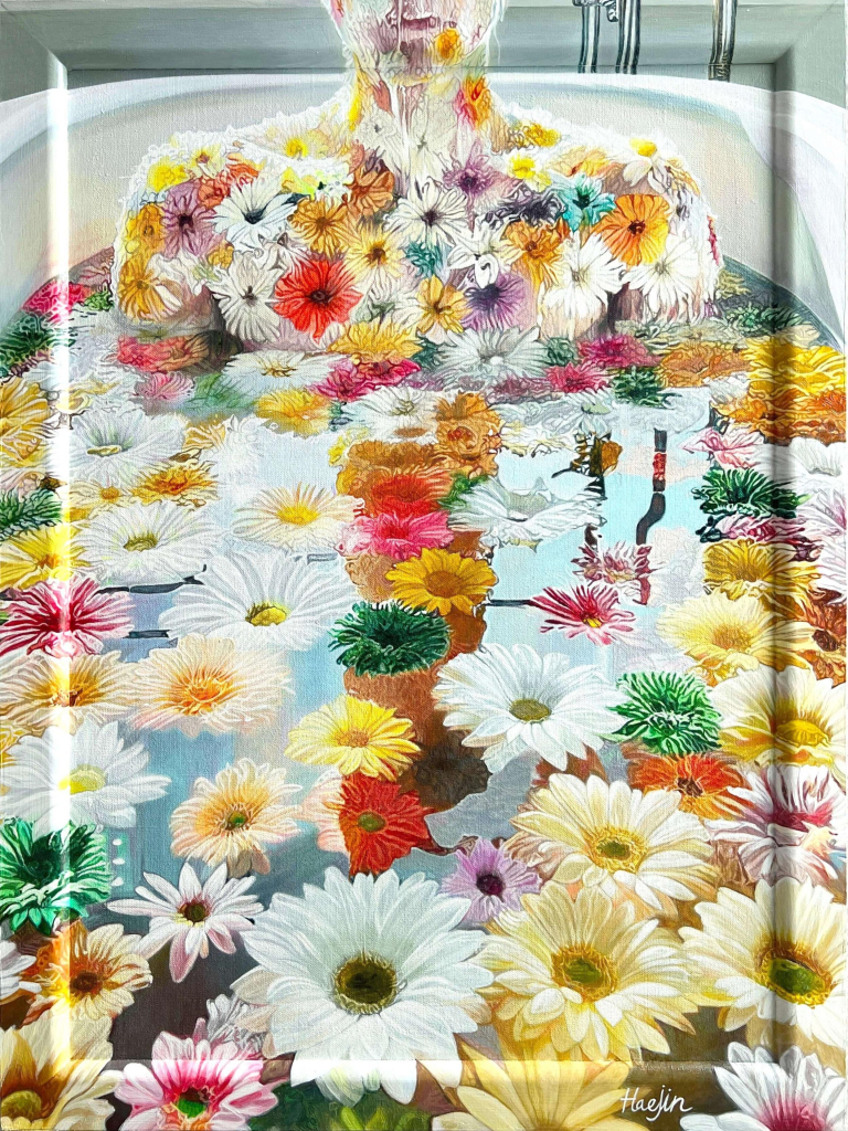 Painting in a realistic style of a figure sitting in a bath, their upper face cut off by the frame. Their body is covered in flowers, and the water is filled with floating flower blooms.