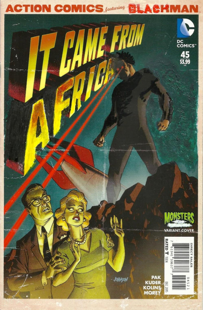 Comic book cover painting with a 50s sci-fi aesthetic that shows a white man and woman in the lower corner bathed in yellow light and looking scared as a Black man in a black bodysuit looms over them blasting red laserbeams from his eyes. The text says "Action Comics Featuring Blackman: It Came From Africa"