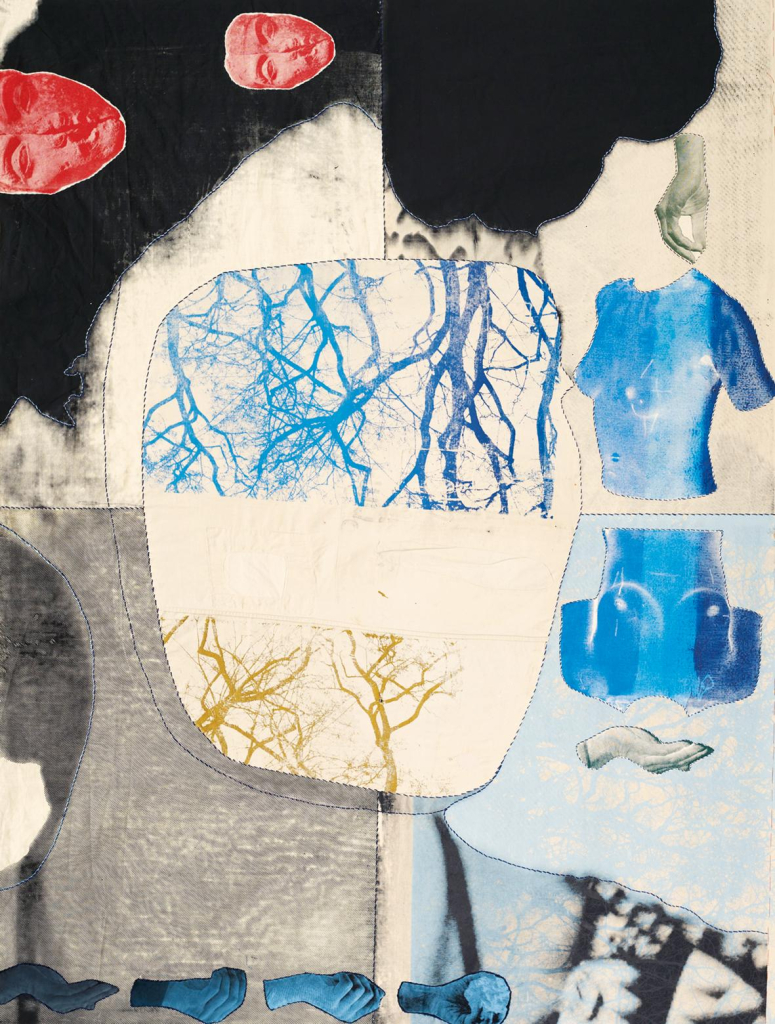 Collage image in a blue and white palette with a large outline of a woman's face with black hair, overlaid with tree branches and hands making different gestures. Two torsos float next to her cheek.