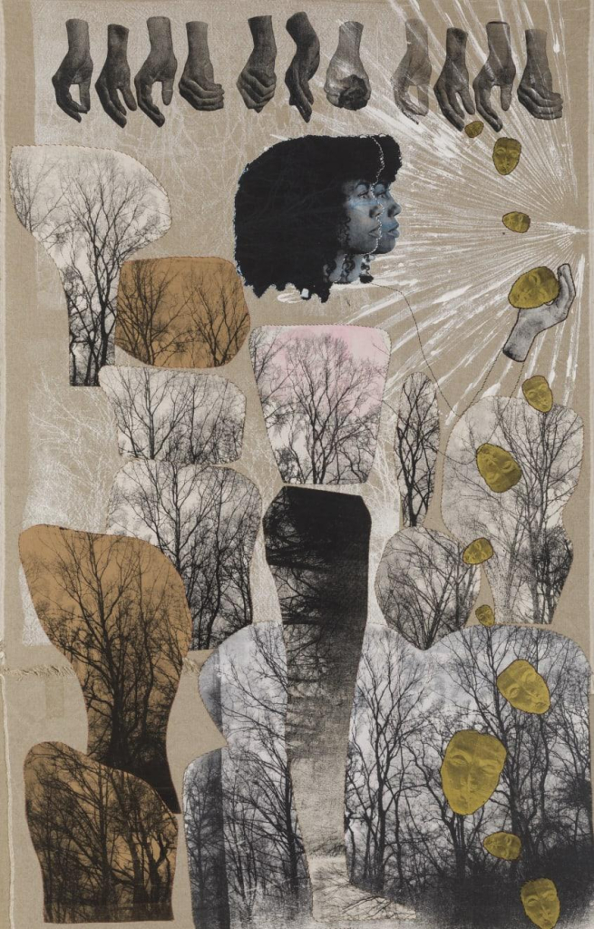 Collage image with cut-up grayscale and sepia photos of hands, tree branches, and gold masks, with two Black women's heads in profile floating above shapes and lines loosely forming the outline of a body.