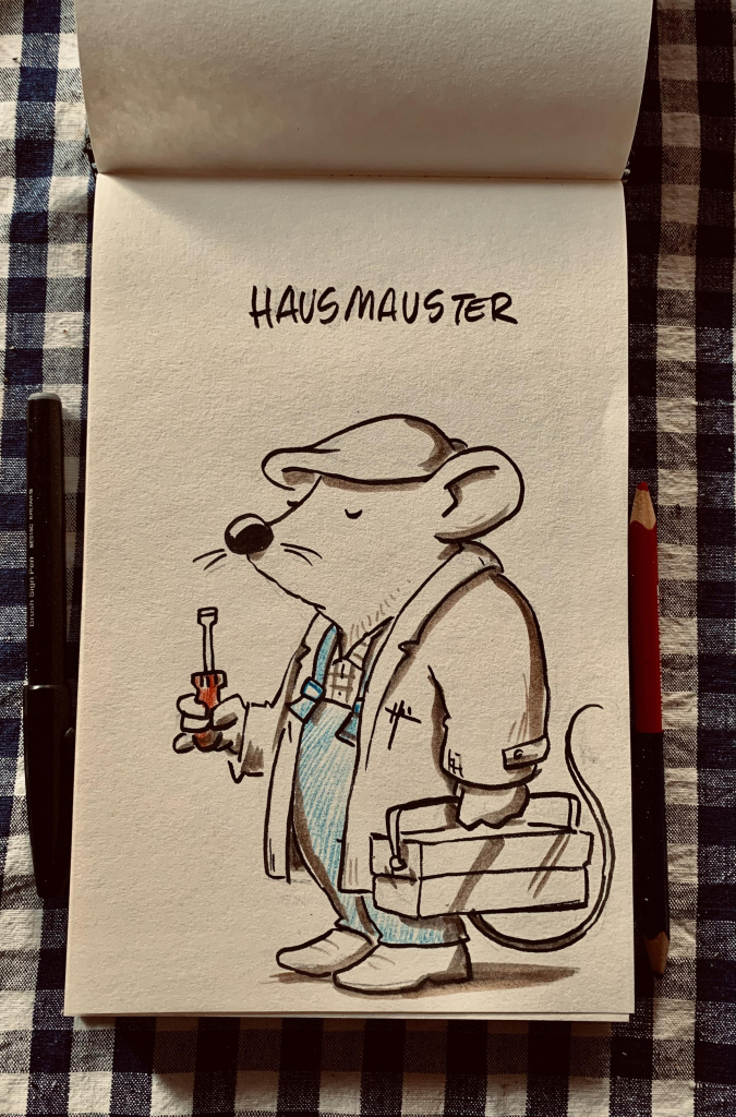 zeichnung
eine maus als hausmeister verkleidet