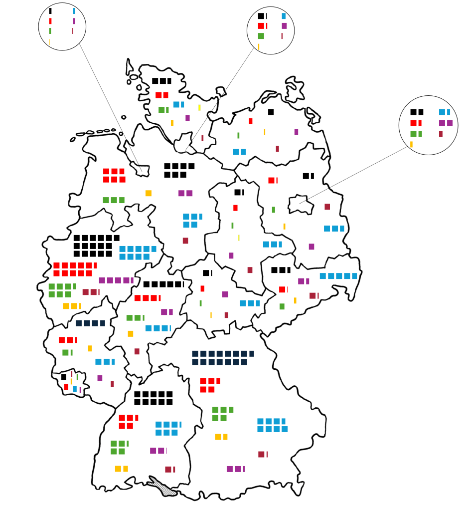 Schematische Landkarte Deutschlands, kleine Kästchen zeigen die Verteilung absoluter Stimmen. Es sticht der insgesamt geringe Bevölkerungsanteil des Ostens ins Auge.