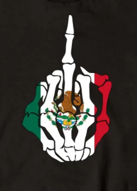 Skeleton hand painted with mexico flag giving middle finger