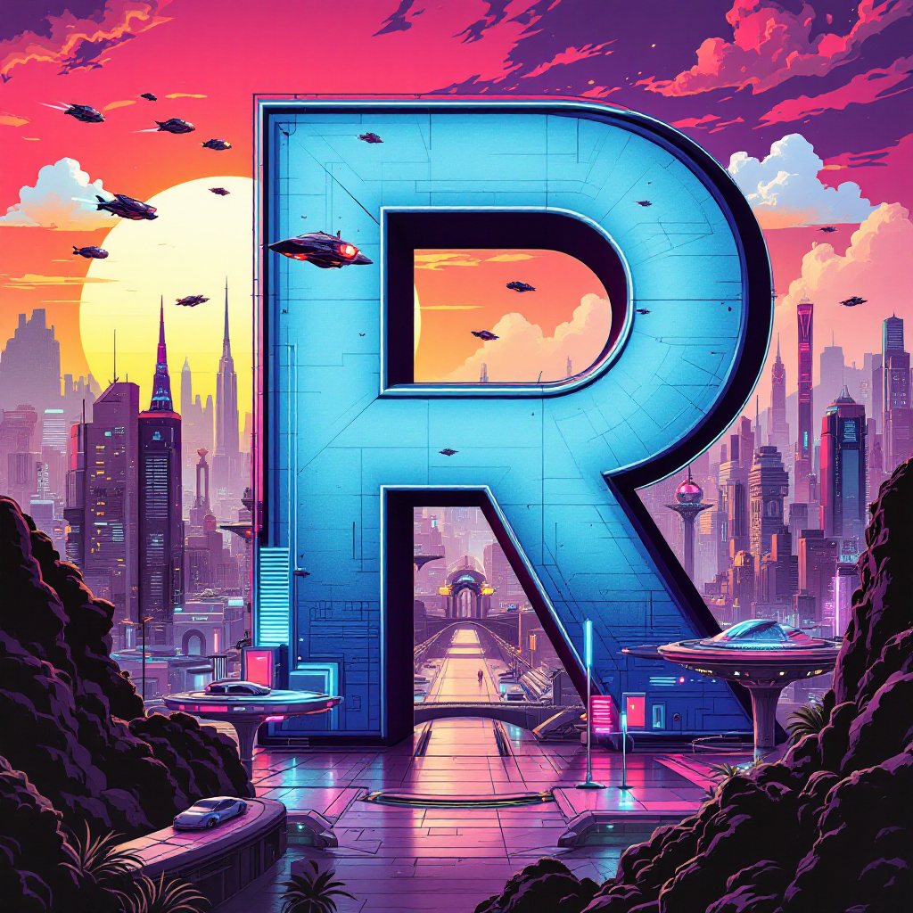 A large R in a hyper futuristic city space scape from a 1970's perspective.