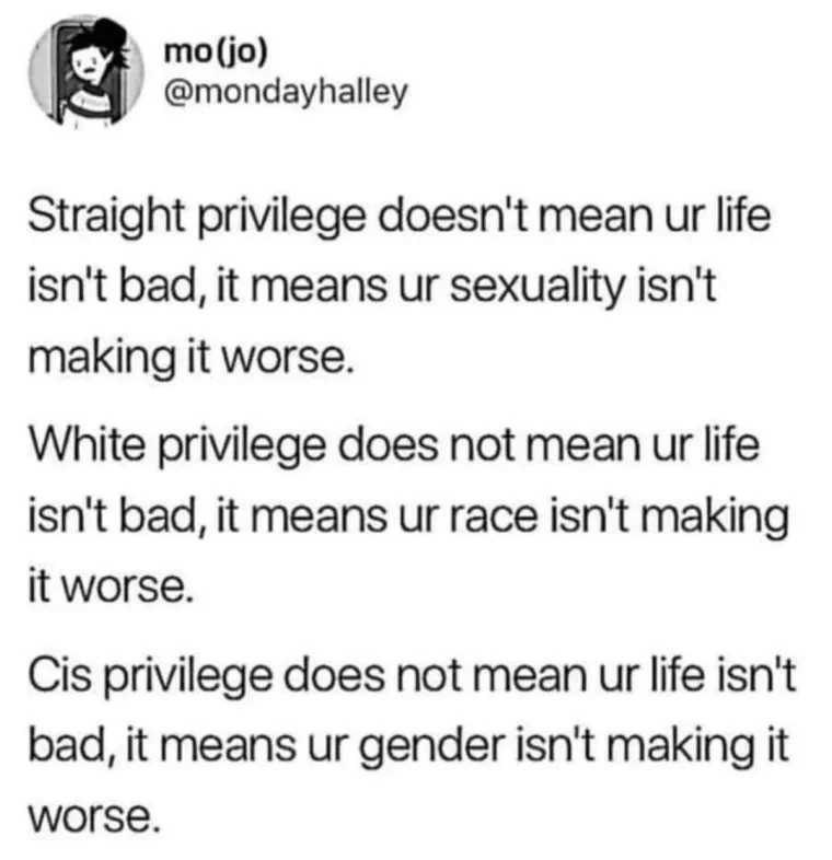 screenshot of tweet from @mondayhalley that reads "Straight privilege doesn't mean your life isn't bad it means your sexuality isn't making it worse. White privilege does not mean your life isn't bad, it means your race isn't making it worse. Cis privilege does not meant your life isn't bad, it means your gender isn't making it worse."