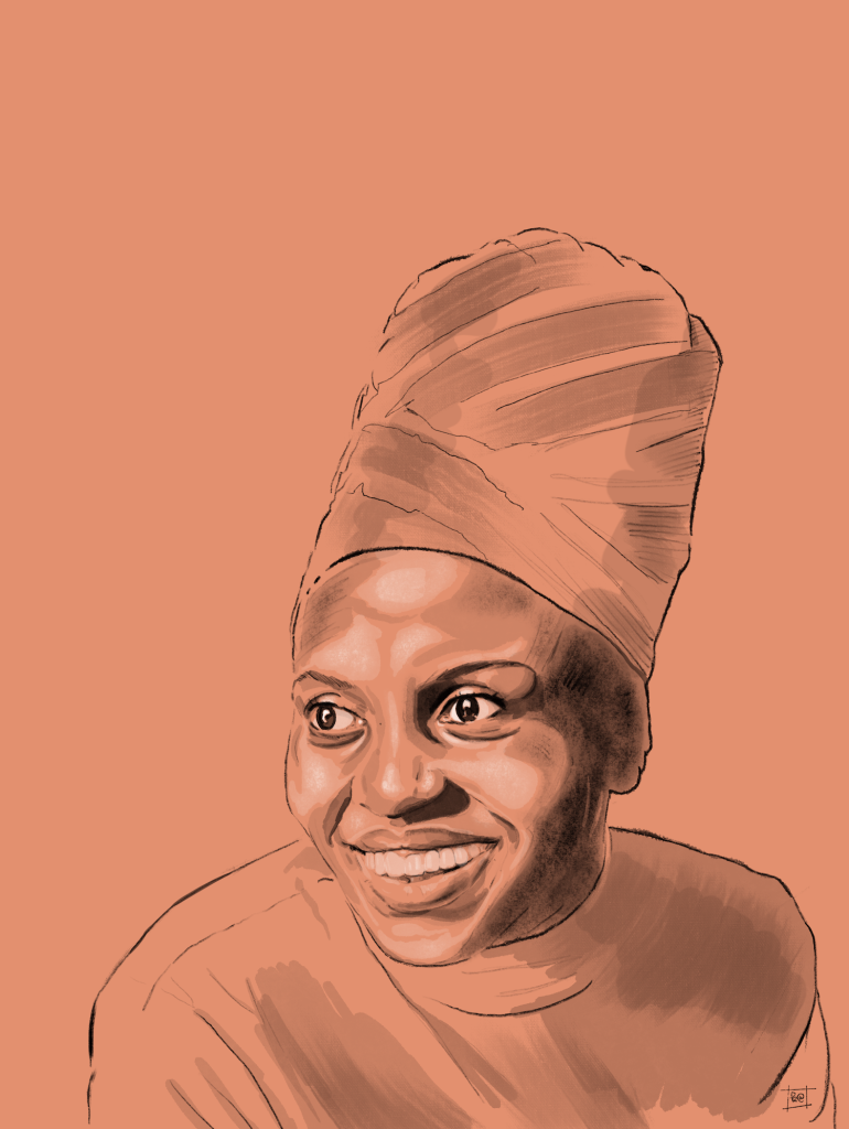 simple digital pencil & ink sketch of legendary south african songwriter, actor, singer & activist, miriam makeba.
here, her face is turned slightly to her right as she regards something the distance. her eyes are bright & she smiles widely, a tall hat on her head.
colours are black & white on a terracotta background.