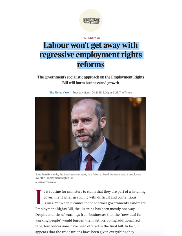 Screenshort of editorial titled ‘Labour won’t get away with regressive employment rights reforms
The government’s socialistic approach on the Employment Rights Bill will harm business and growth’ full text in archived link