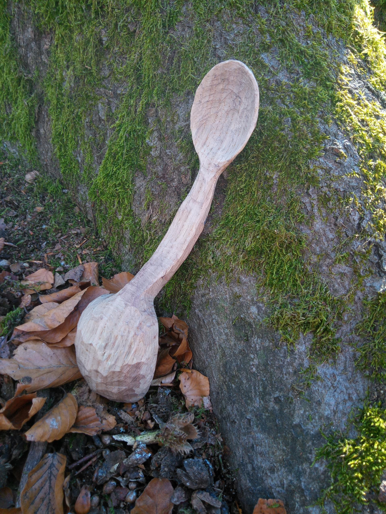 Ein geschnitzter Doppellöffel ist an einen Baum mit grünem Moosbelag angelehnt, der flache Esslöffel zeigt nach oben.