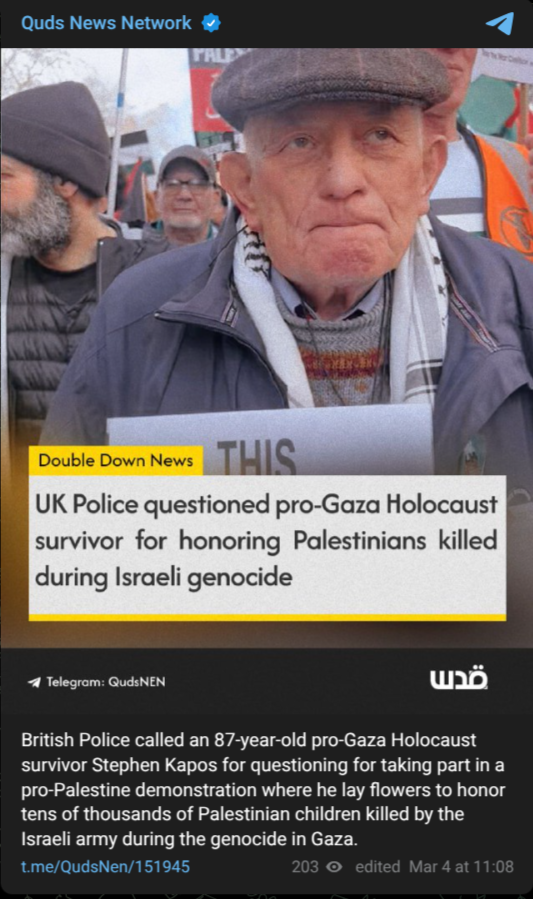 British Police called an 87-year-old pro-Gaza Holocaust survivor Stephen Kapos for questioning for taking part in a pro-Palestine demonstration where he lay flowers to honor tens of thousands of Palestinian children killed by the Israeli army during the genocide in Gaza.
