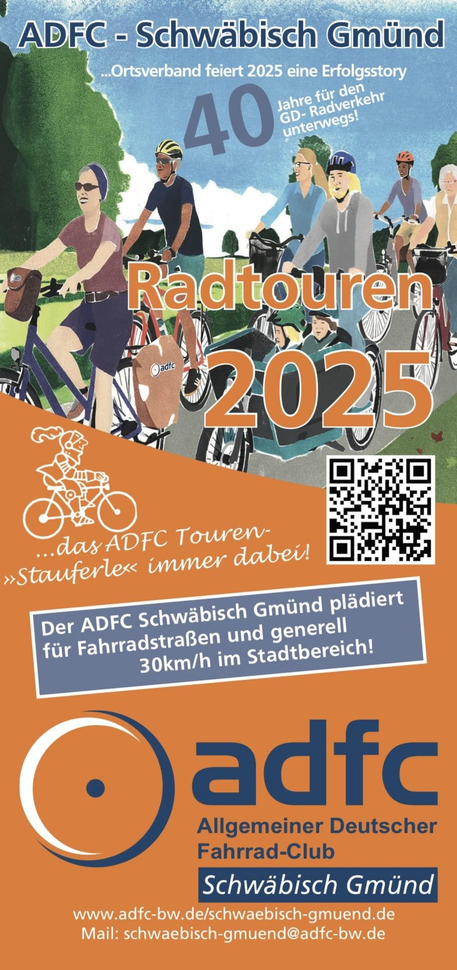 A promotional poster for the ADFC Schwäbisch Gmünd, celebrating 40 years of cycling activities in 2025. The design features diverse cyclists in a park setting, emphasizing cycling tours for the community. Includes contact information and a QR