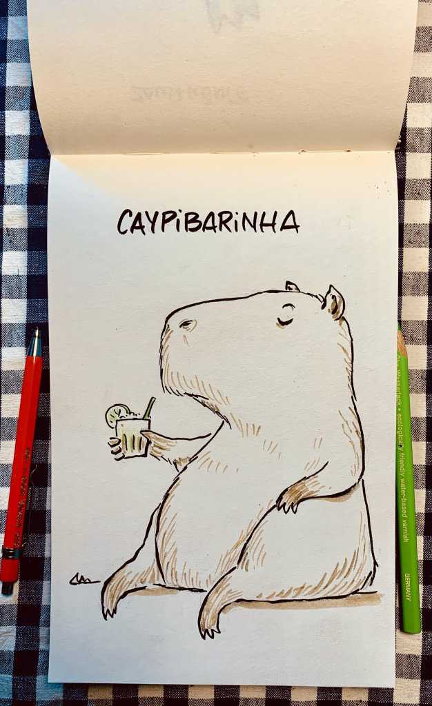 zeichnung
ein capybara hält ein glas caiprinha