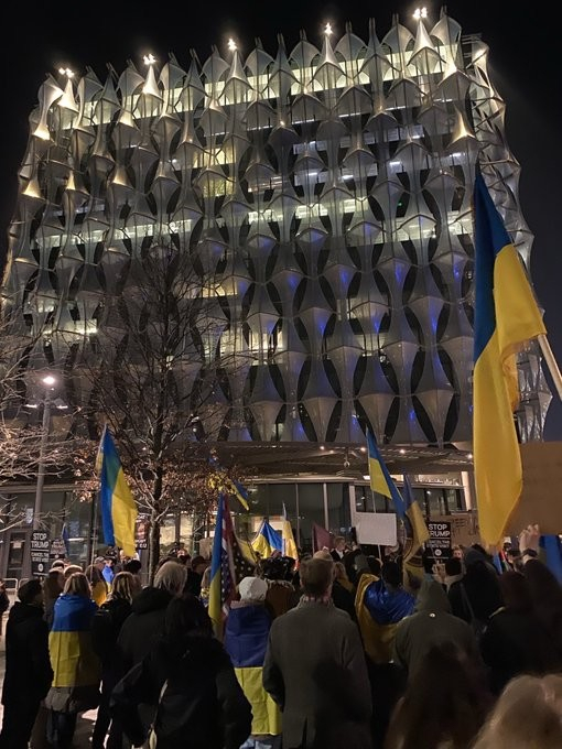 Large crowd in front of the US Embassy in London