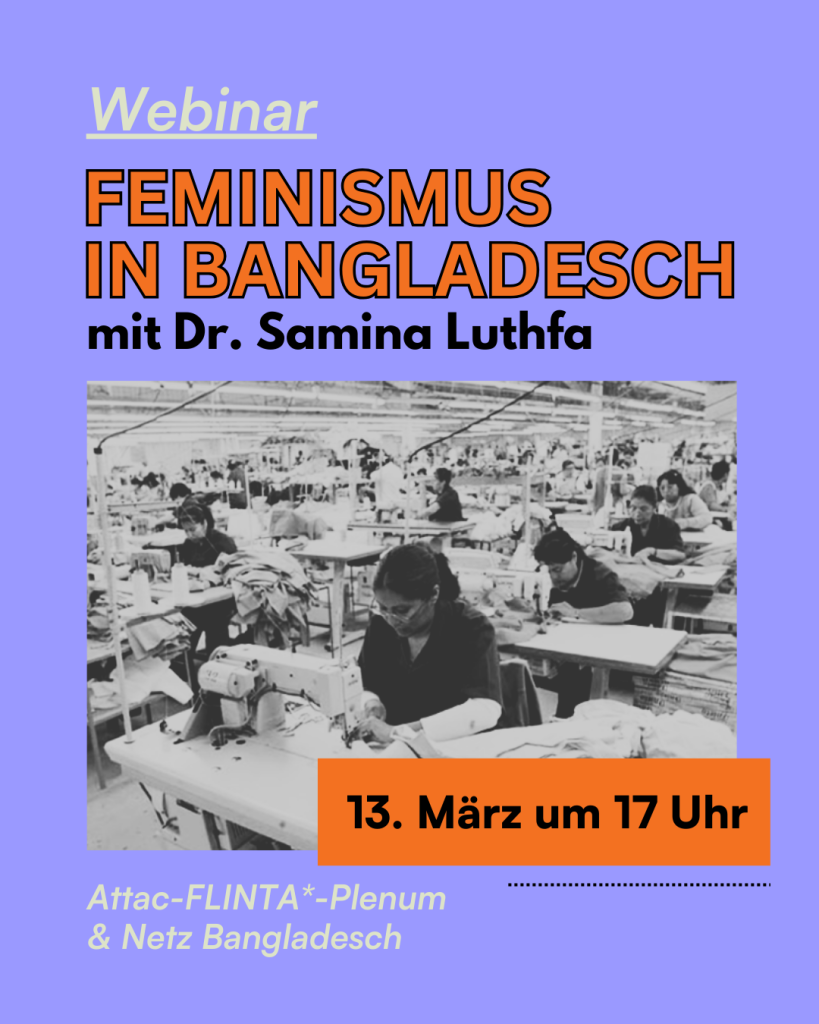 Lila Hintergrund mit orangenfarbener Schrift: Feminismus in Bangladesch
Ein schwarz-weiß Bild von Näher*innen in einer Textilfabrik