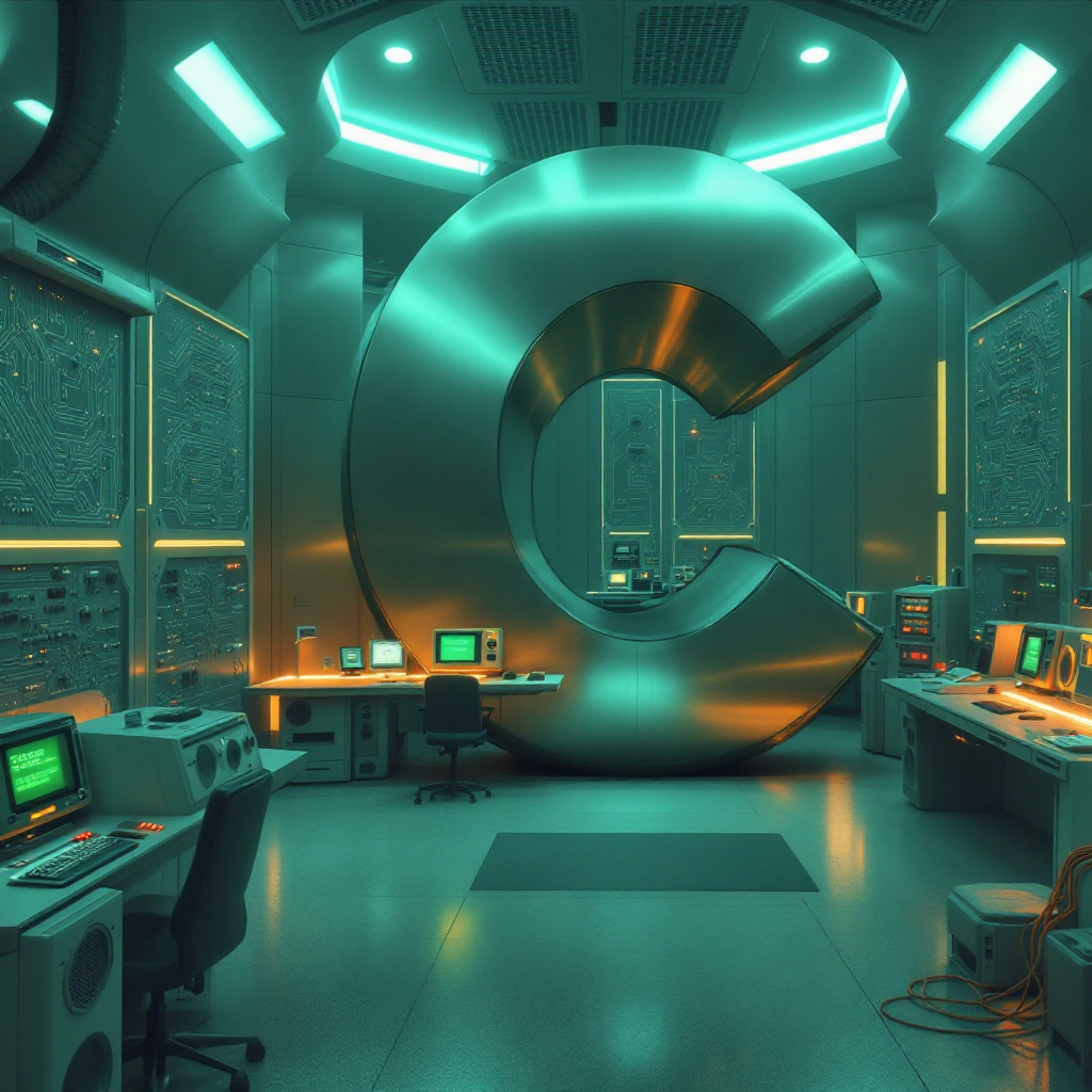 a large, stylized letter "C" set in a futuristic computer lab that reflects a 1970s perspective of the future. The lab should feature retro-futuristic computer equipment, glowing screens, and intricate circuit designs, all rendered in muted tones like soft blues, greens, and grays. The atmosphere should evoke a sense of nostalgia while showcasing advanced technology, with elements like oversized buttons, analog dials, and vintage monitors. The overall composition should blend the charm of retro aesthetics with a vision of a high-tech future, inviting viewers to explore this imaginative space.