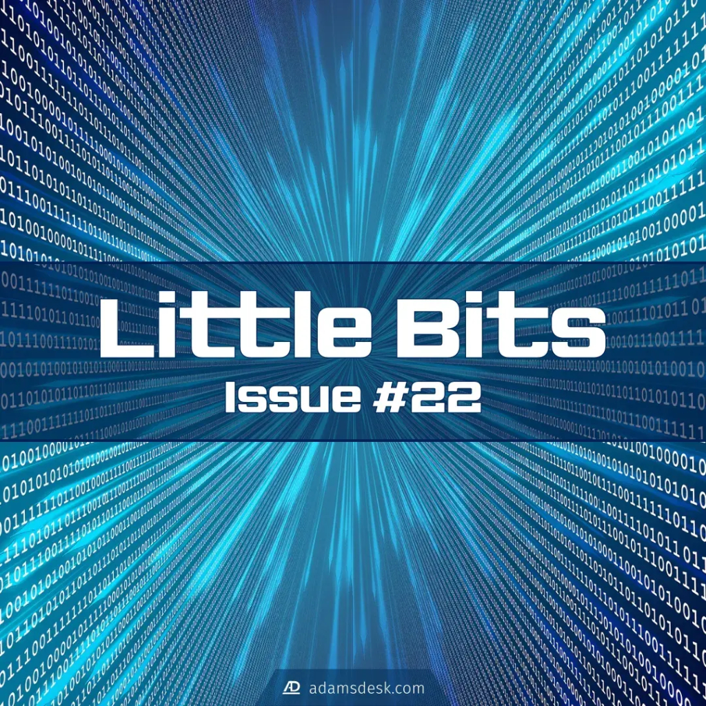 Over top view of a wall of white binary text with a blue background that has an explosion in the middle coming towards the viewer sits large bold text that reads, 'Little Bits issue #22'.