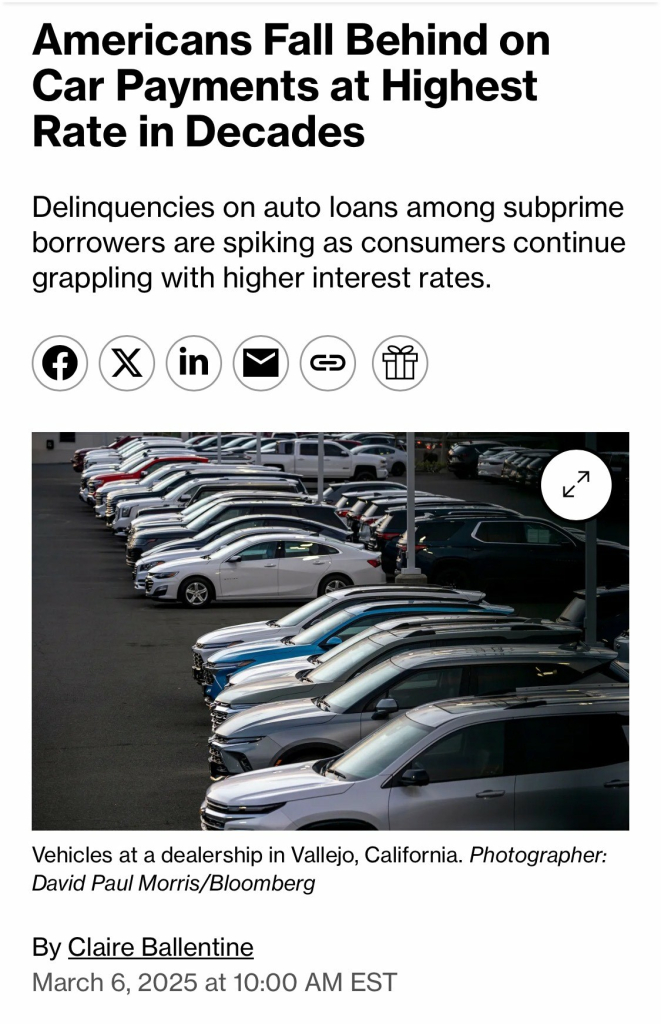 Americans Fall Behind on Car Payments at Highest Rate in Decades Delinquencies on auto loans among subprime borrowers are spiking as consumers continue grappling with higher interest rates. in 7 K Vehicles at a dealership in Vallejo, California. Photographer: David Paul Morris/Bloomberg By Claire Ballentine March 6, 2025 at 10:00 AM EST

https://www.bloomberg.com/news/articles/2025-03-06/late-car-loan-payments-auto-delinquencies-spike-to-highest-level-in-decades

Accessed: 6 March 2025 at 1745 MST