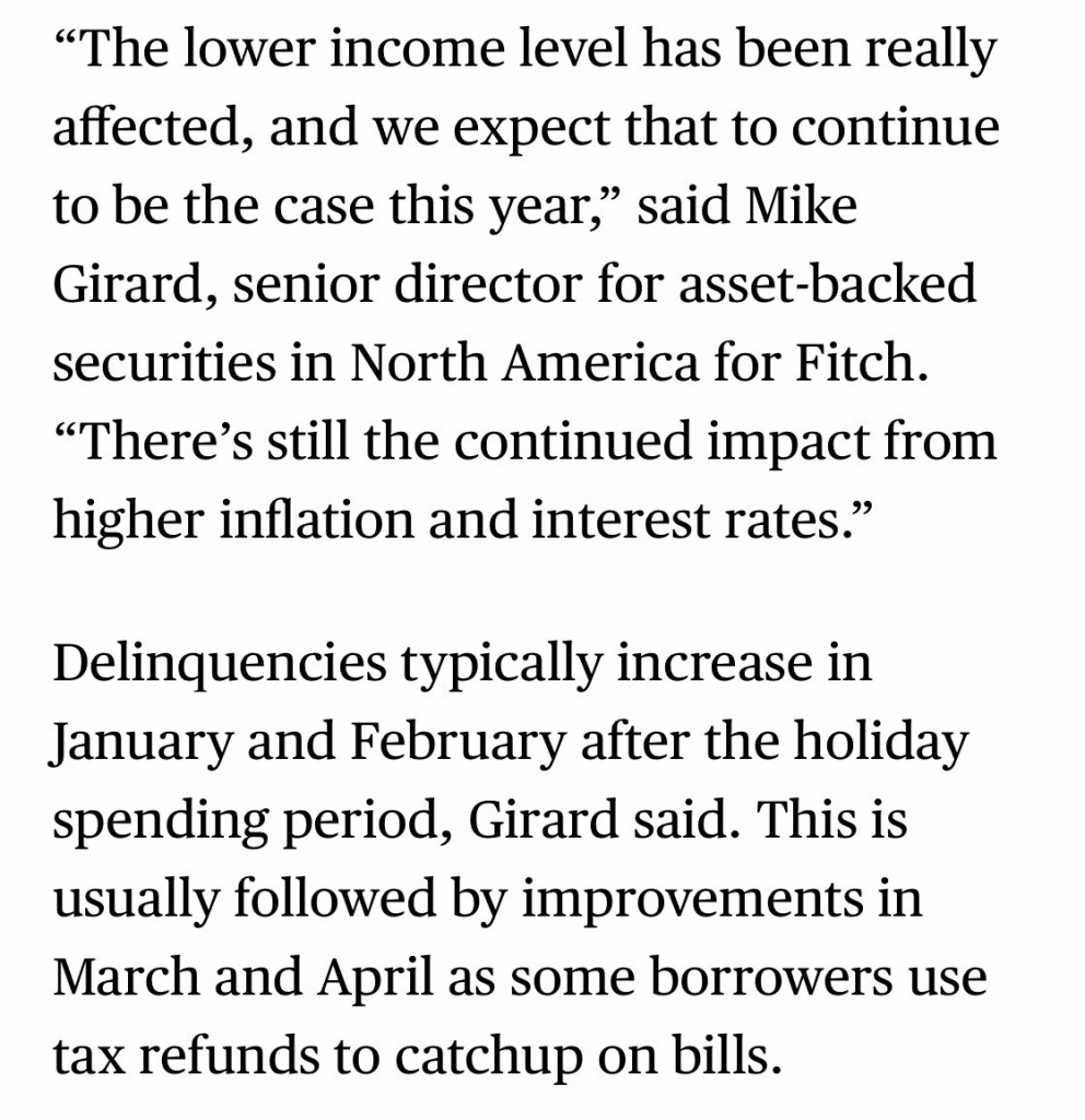 «The lower income level has been really affected, and we expect that to continue to be the case this year," said Mike Girard, senior director for asset-backed securities in North America for Fitch. "There's still the continued impact from higher inflation and interest rates." Delinquencies typically increase in January and February after the holiday spending period, Girard said. This is usually followed by improvements in March and April as some borrowers use tax refunds to catchup on bills.

https://www.bloomberg.com/news/articles/2025-03-06/late-car-loan-payments-auto-delinquencies-spike-to-highest-level-in-decades

Accessed: 6 March 2025 at 1745 MST