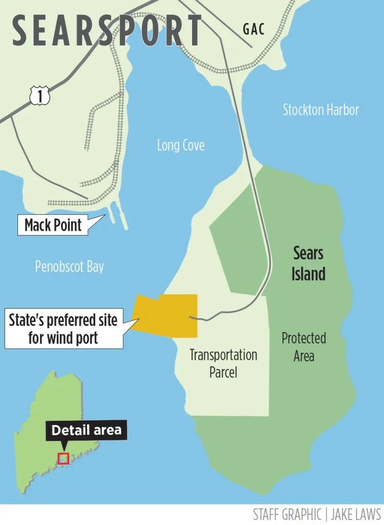 Map showing the pier and rail service available at Mack Point but not at Sears Island