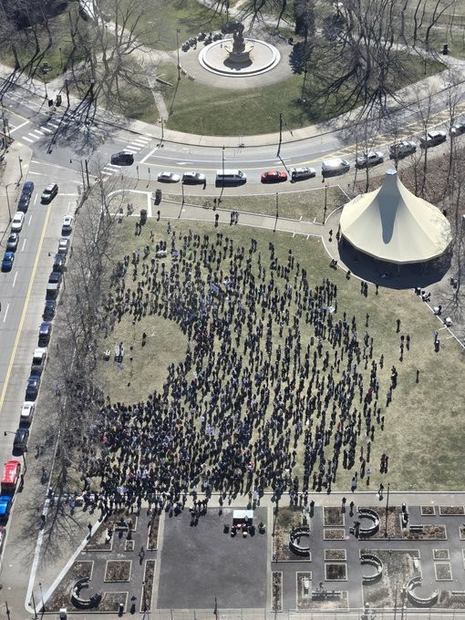 Aerial view of a large crowd of protesters