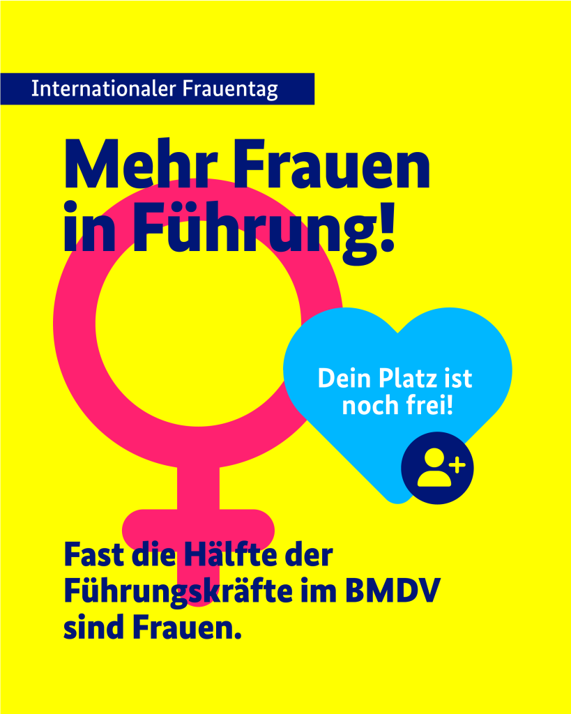 Das Bild hat einen gelben Hintergrund. Oben links steht in einem blauen Kasten „Internationaler Frauentag“. In der Mitte sieht man ein großes, rosa Symbol für Frauen. Darüber steht in großen, blauen Buchstaben: „Mehr Frauen in Führung!“.
Rechts im Bild ist ein blaues Herz mit dem Text „Dein Platz ist noch frei!“. Darunter ist ein kleines Symbol mit einer Person und einem Pluszeichen.
Unten im Bild steht in blauer und pinker Schrift: „Fast die Hälfte der Führungskräfte im BMDV sind Frauen.“
Das Bild soll zeigen, dass mehr Frauen in Führungspositionen arbeiten sollen.