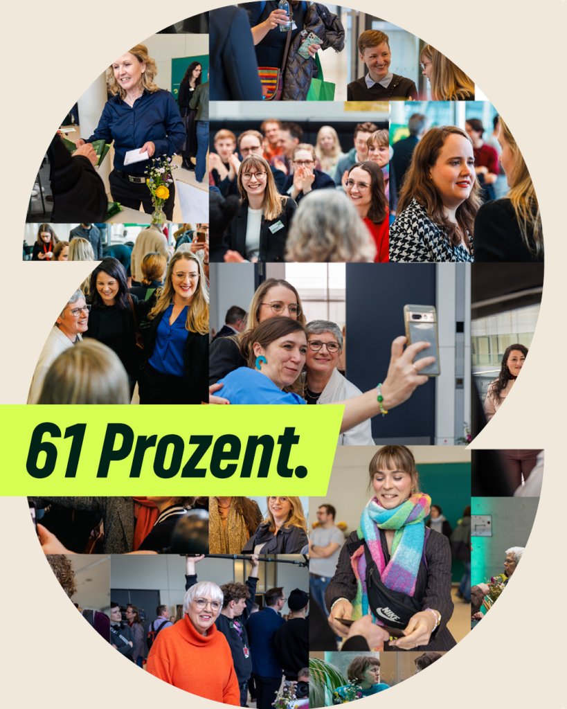 Im Hintergrund ist eine Collage aus Fotos, die verschiedene weibliche Abgeordnete in unterschiedlichen Situationen zeigen. Darauf steht geschrieben: „61 Prozent“.