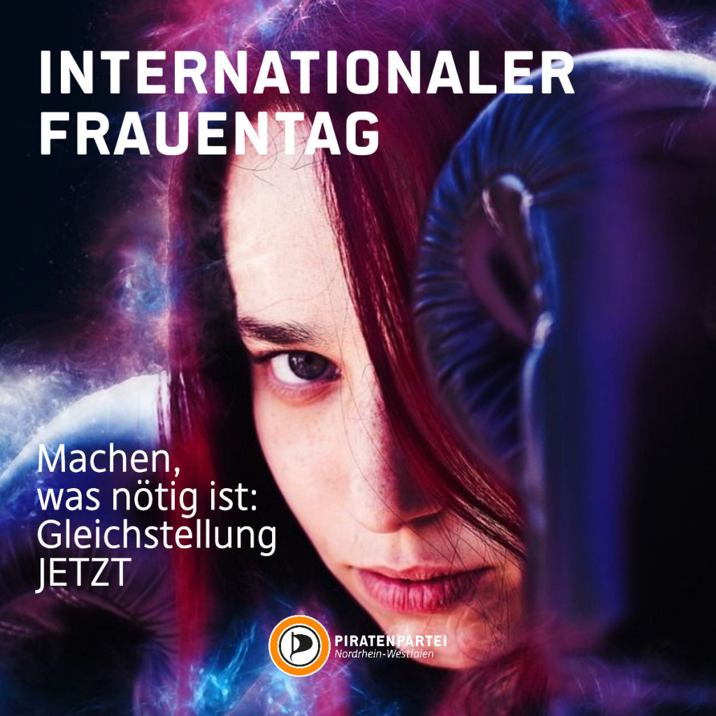 Bildtext: Internationaler Frauentag. Machen was nötig ist: Gleichstellung JETZT. Piratenpartei Nordrhein-Westfalen.
Bild: Eine junge Frau hält ihre Hände, die in Boxhandschuhen stecken, in Verteidigungspose wie beim Boxen hoch.