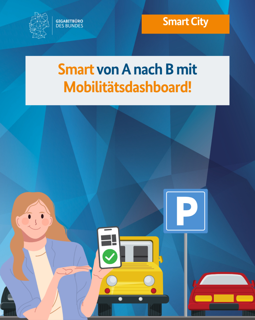 Auf der Grafik des Gigabitbüro des Bundes steht links oben: Smart City. Darunter steht die Überschrift: Smart von A nach B mit Mobilitätsdashboard. Darunter sieht man eine Frau mit einem Smartphone, die fröhlich aussieht. Im Hintergrund ist ein Parkplatz für Autos abgebildet. Links oben ist das Logo des Gigabitbüros zu sehen. 