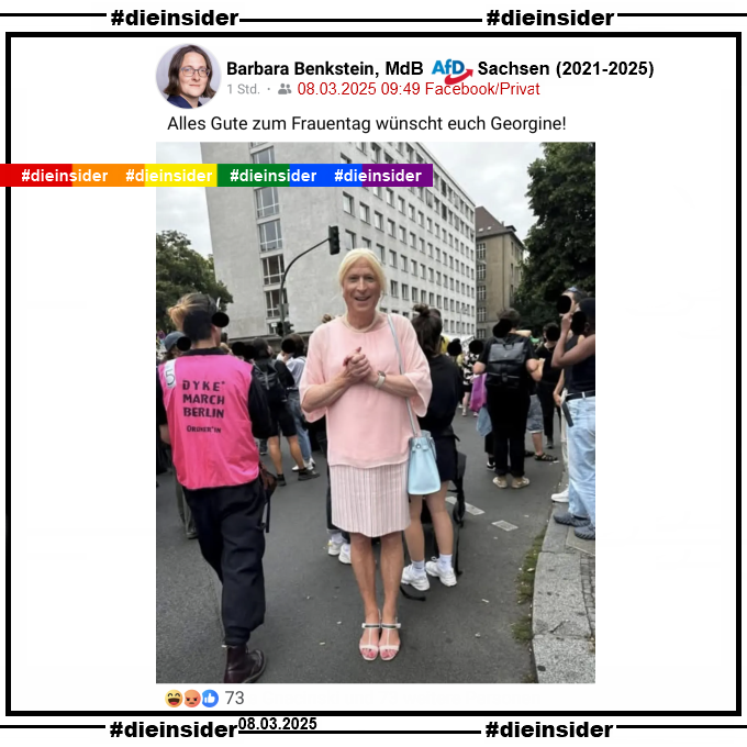 Barbara Benkstein, MdB AfD Sachsen von 2021 bis 2025 postet privat ein Bild von Georgine Kellermann und schreibt "Alles Gute zum Frauentag wünscht euch Georgine!"
