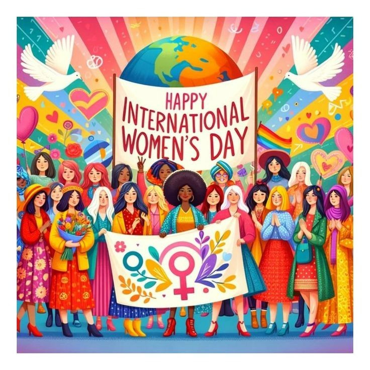 Das Bild zeigt eine bunte und fröhliche Illustration zum Internationalen Frauentag. Im Mittelpunkt steht eine große Gruppe von Frauen mit unterschiedlichen Hautfarben, Frisuren und Kleidungsstilen, die Vielfalt und Einheit symbolisieren. Sie halten ein Banner mit der Aufschrift „Happy International Women’s Day“, während zwei weiße Tauben über ihnen fliegen.

Der Hintergrund ist farbenfroh gestaltet, mit Regenbogenfarben, Herzen, Symbolen der Weiblichkeit und einem Globus, der die Weltgemeinschaft darstellt. Die Frauen tragen traditionelle und moderne Kleidung, und einige von ihnen halten Blumen oder andere festliche Symbole.

Das Bild vermittelt eine positive, inspirierende Botschaft von Zusammenhalt und Gleichberechtigung der Frauen weltweit.

