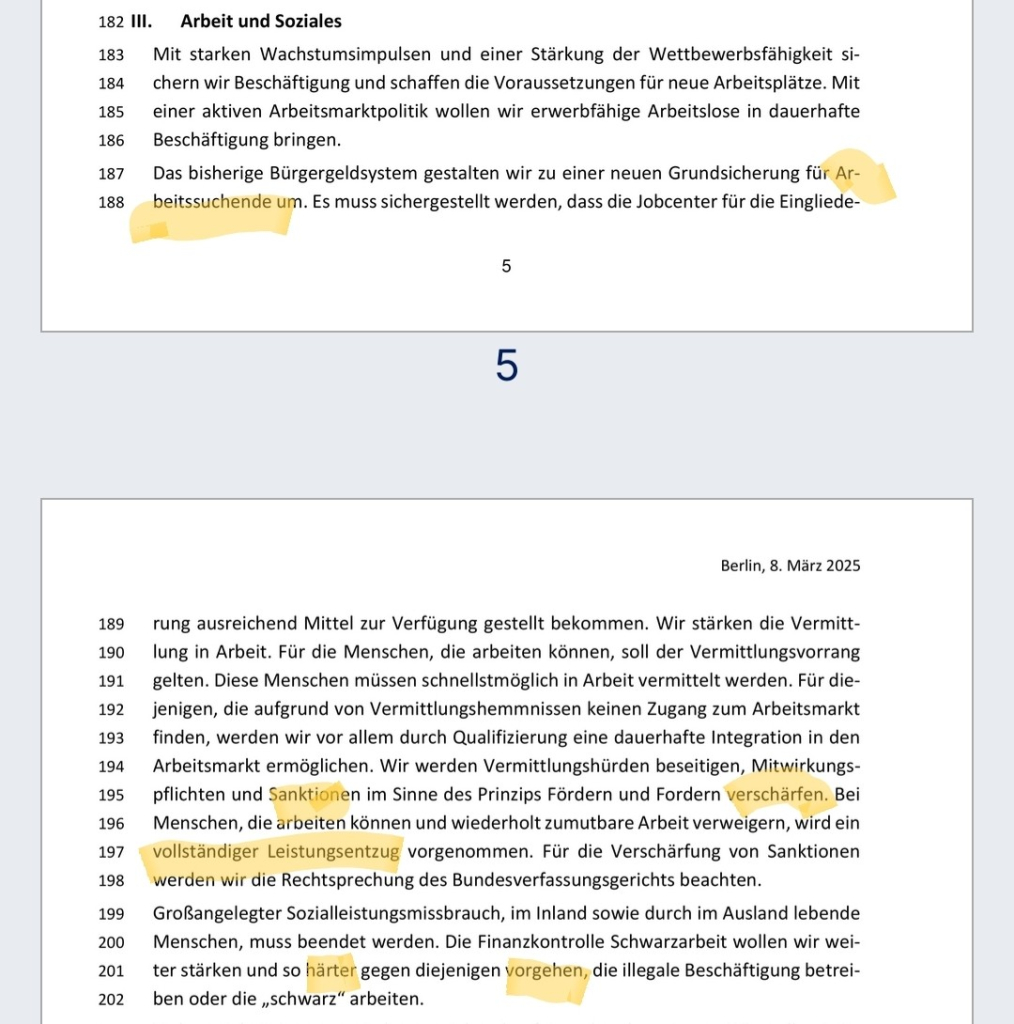 Auszug des Sondierungspapiers. In diesem Abschnitt geht es um Arbeit und Asoziales