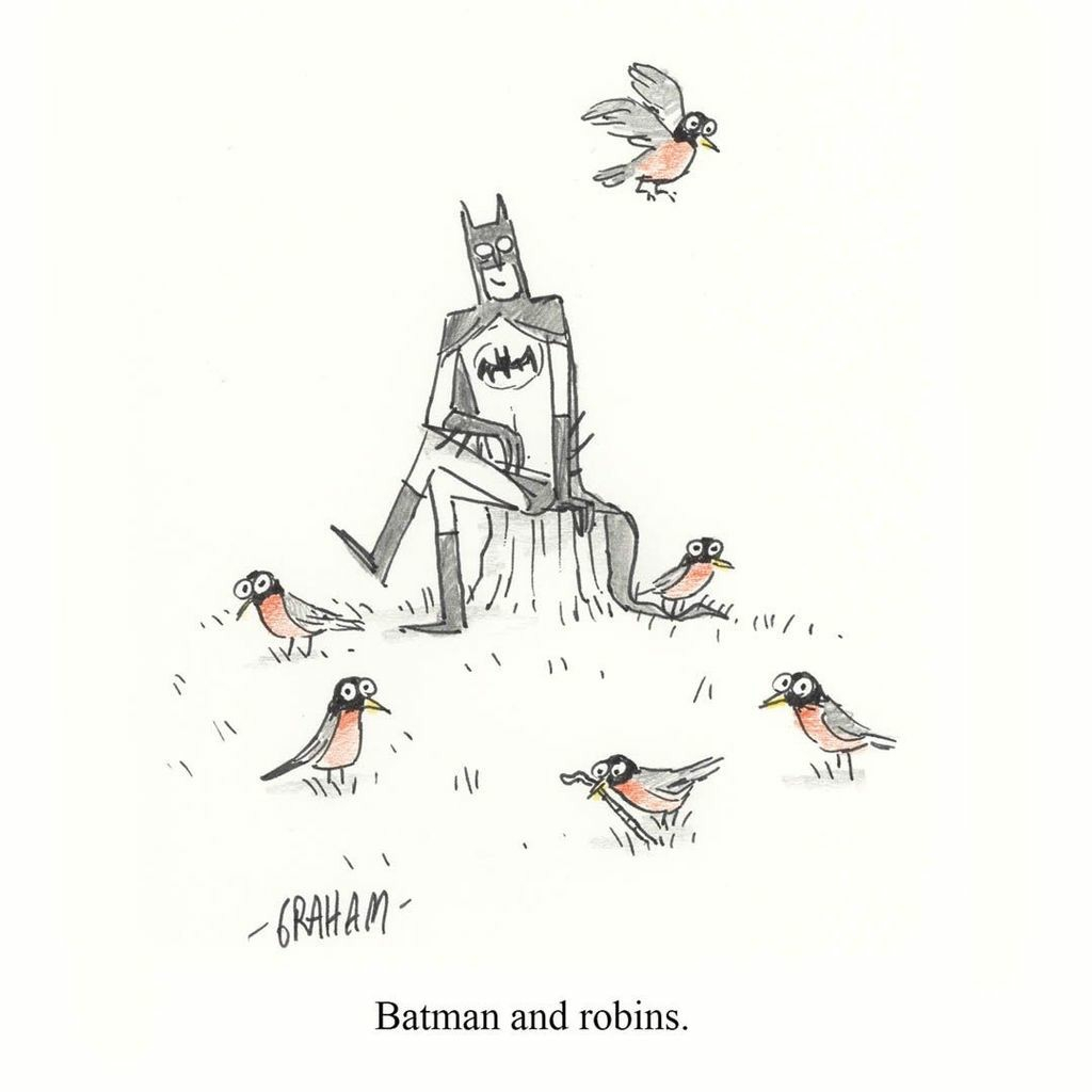 A cartoon illustration of a smiling Batman sitting on a stump surrounded by numerous robins (birds). Caption reads "Batman and robins."