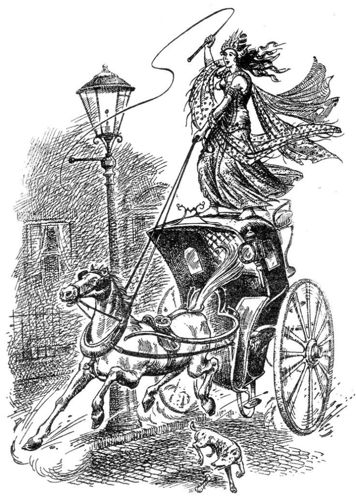 The Empress Jadis as she rides a hansom cab like a chariot and flogs the horse. Image by Pauline Baynes.