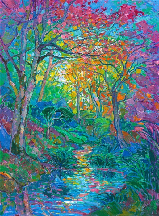 Very colourful bright painting of a river in nature with colourful trees left and right of it 