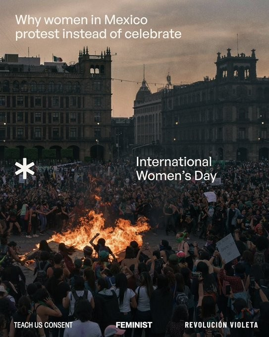 The central square in Mexico City thronged with women surrounding a bonfire