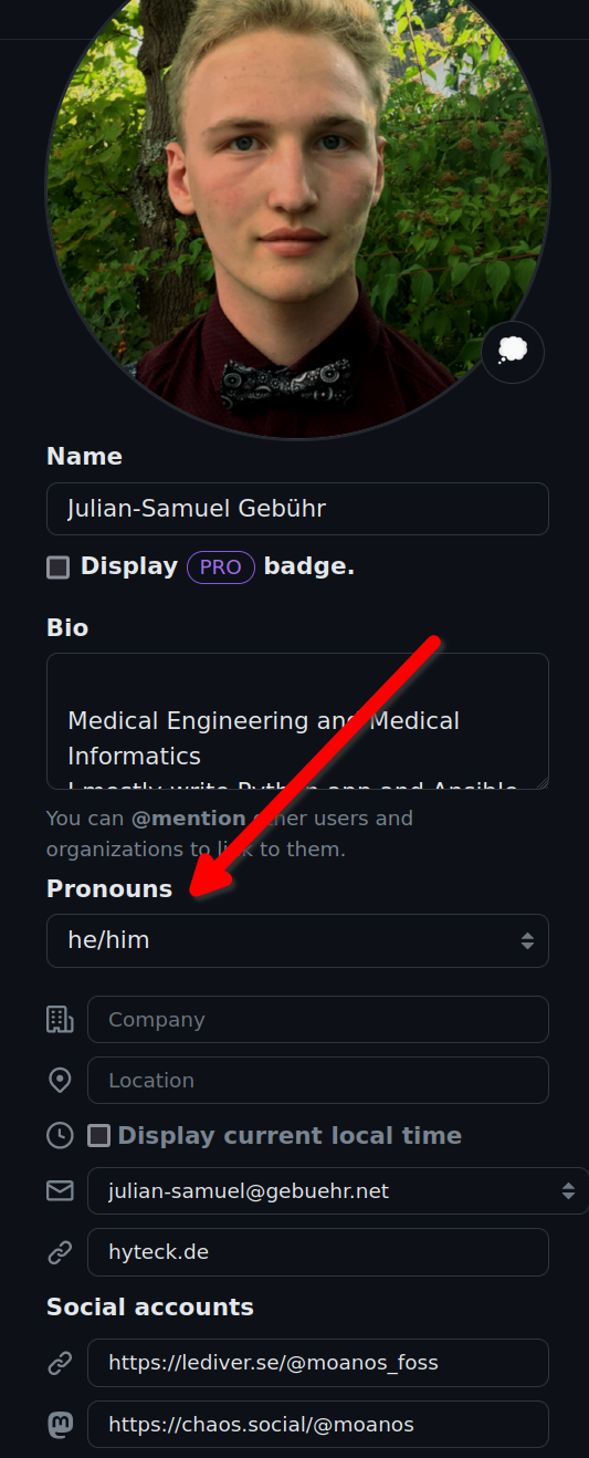 A screenshot of the github profile of moan0s. A field shows the Prounouns he/him and a dropdown menu to select them