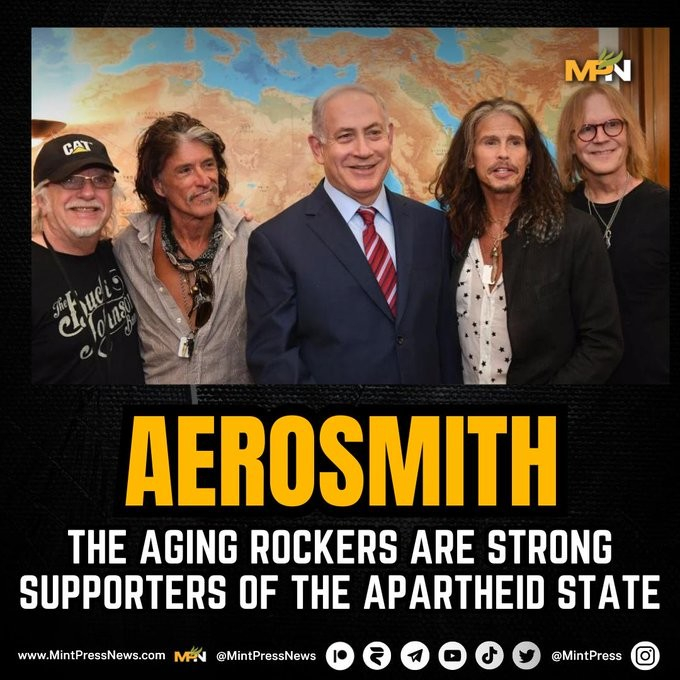 The members of Aerosmith pictured with Benjamin Netanyahu.