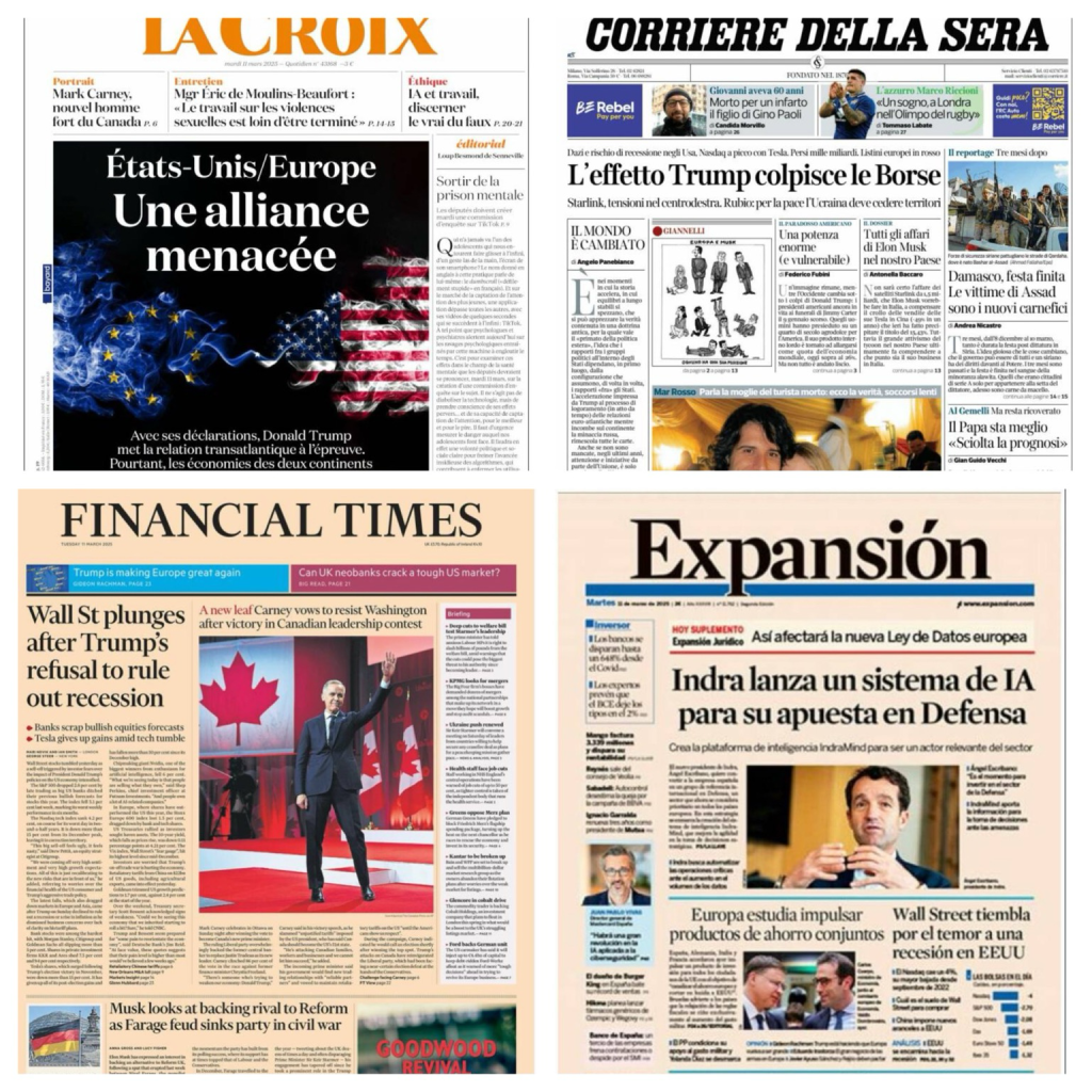 Some newspaper covers around Europe. 🇫🇷 La Croix: “USA-Europe, An alliance threatened” 🇮🇹 Corriere Della Sera: “The world has changed” & “Trump effect hits the stock market” 🇬🇧 FT: “Trump is making Europe great again” & “Wall St plunges” 🇪🇸 Expansión: “Wall Street trembles for fear of a U.S. recession