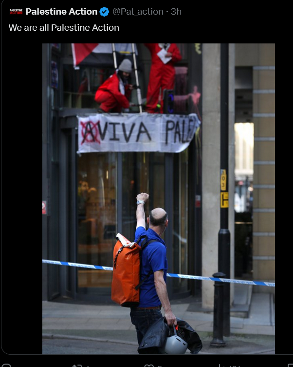 Post by Palestine Action shows a picture of actionists occupying Allianz's office in central London.  A member of the public is walking past, raising his fist in solidarity.  Text reads
WE ARE ALL PALESTINE ACTION