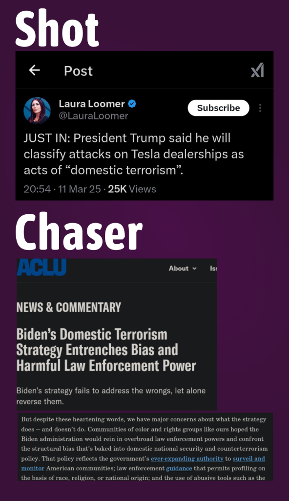 A tweet by Laura Loomer that reads: JUST IN: President Trump said he will classify attacks on Tesla dealerships as acts of "Demoestic terrorism".

Under it, an article by the ACLU that reads: Biden's Domestic Terrorism Strategy Entrenches Bias and Harmful Law Enforcement Power.