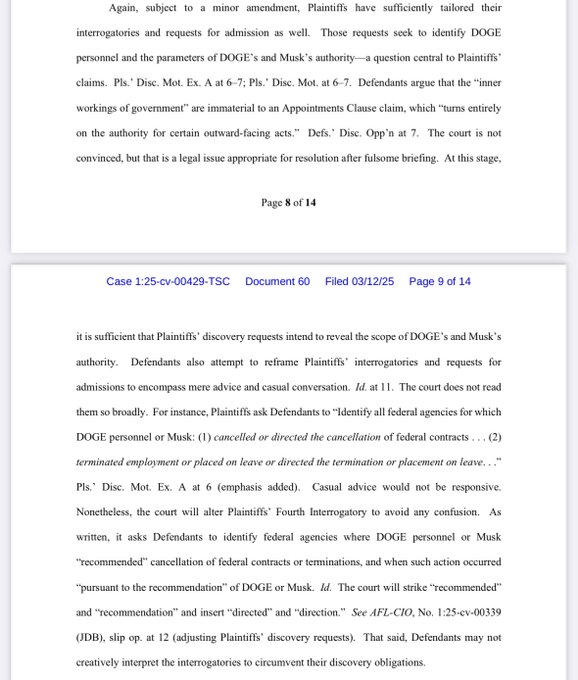 A page from a legal doc featuring case details, including references to discovery requests regarding the authority of DOGE and Musk, discussions on interrogatories, and the court's response to the defendants' arguments. The document includes specific instructions for identifying federal agencies involved…